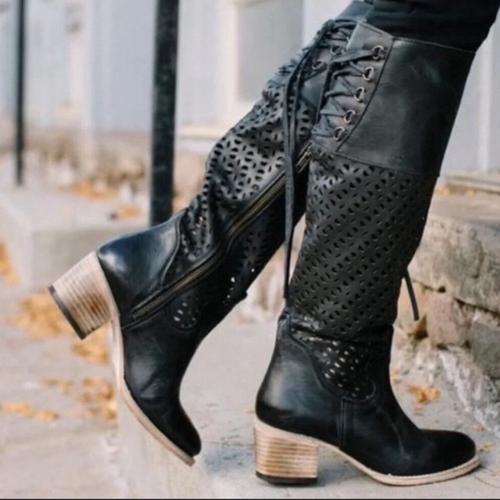 Freebird By Steven Black Creek Leather Perforated Lace Up Back Tall Boots NWOT 6